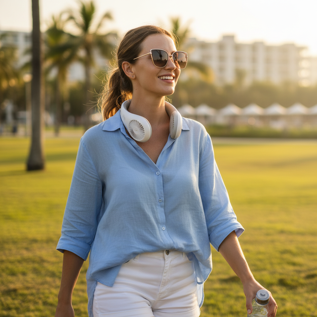 Person wearing neck fan outdoors lifestyle