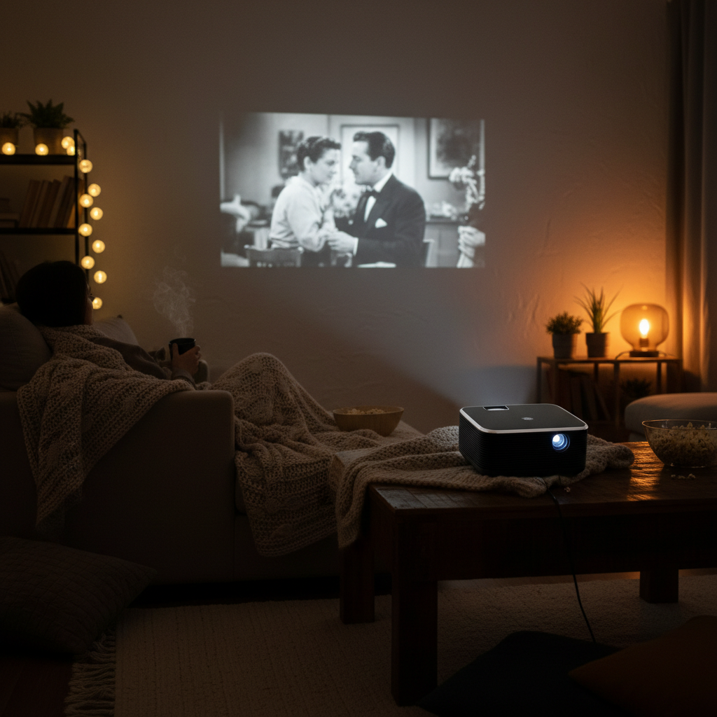 Mini projector projecting movie on wall lifestyle