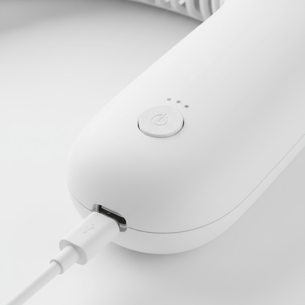 Neck fan USB-C port and speed button detail