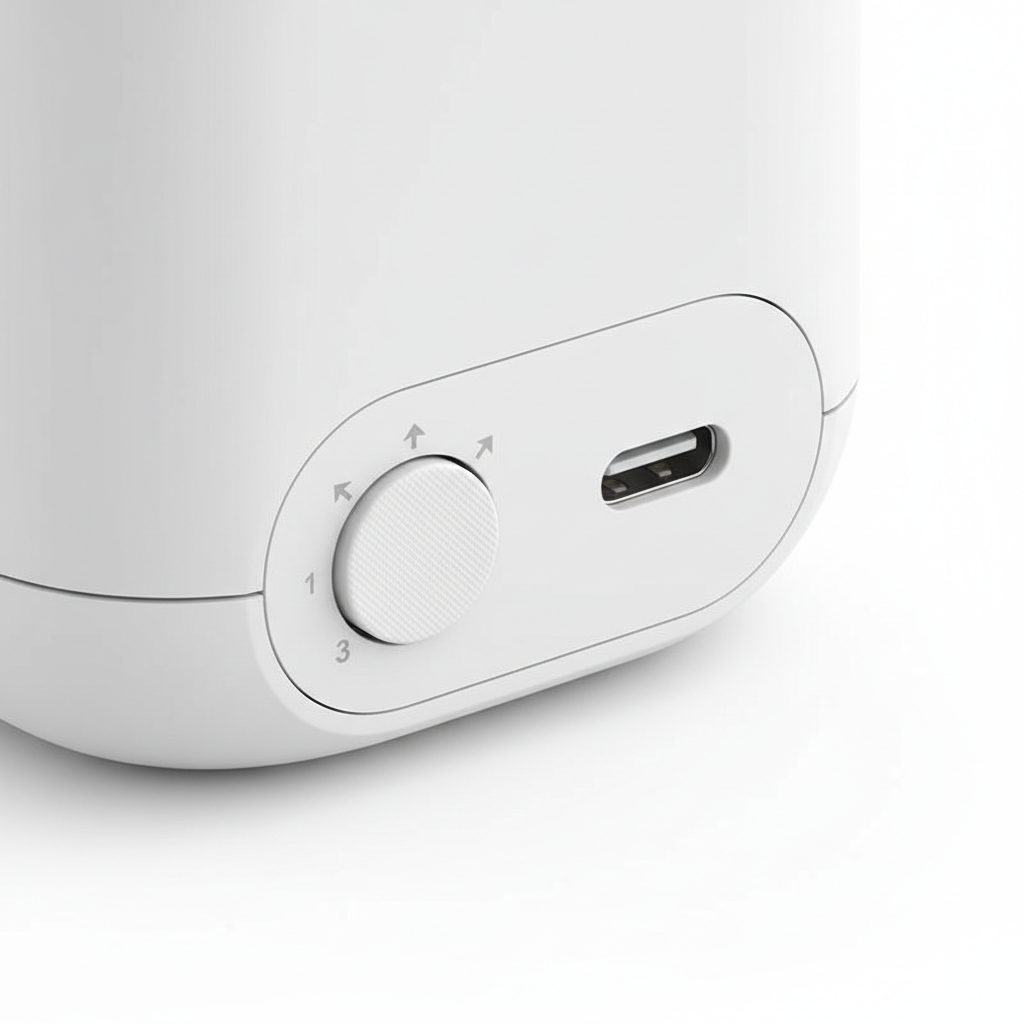 Mini USB fan speed button and charging port detail