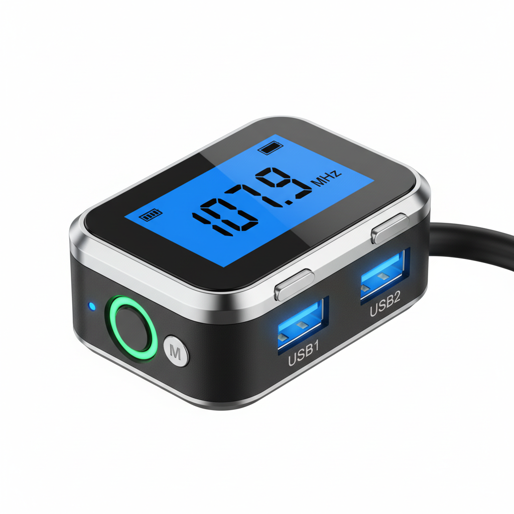 Car FM transmitter LCD and USB ports detail