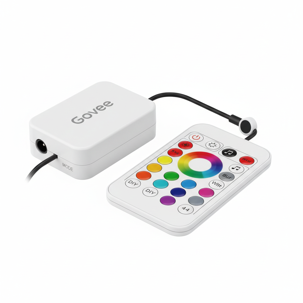 Smart LED strip light controller and remote detail shot