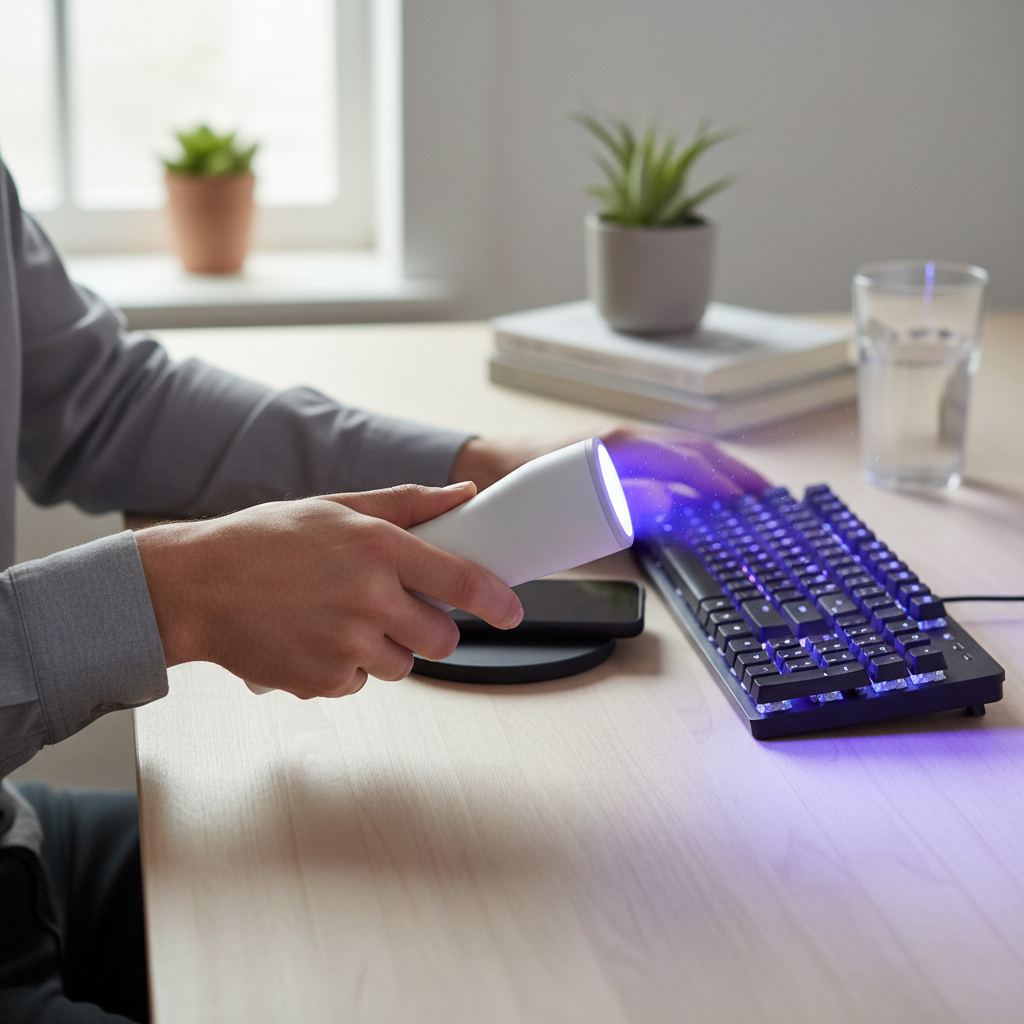 Person using UV steriliser wand on phone and keyboard lifestyle