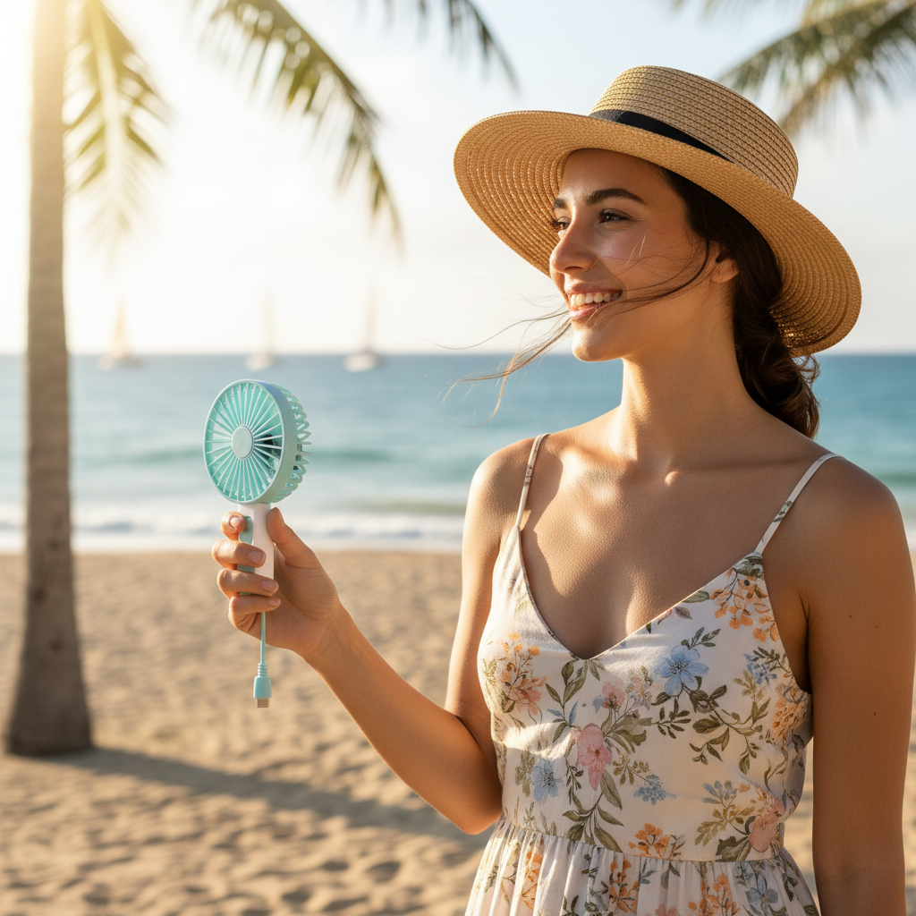 Person holding mini USB fan outdoors lifestyle