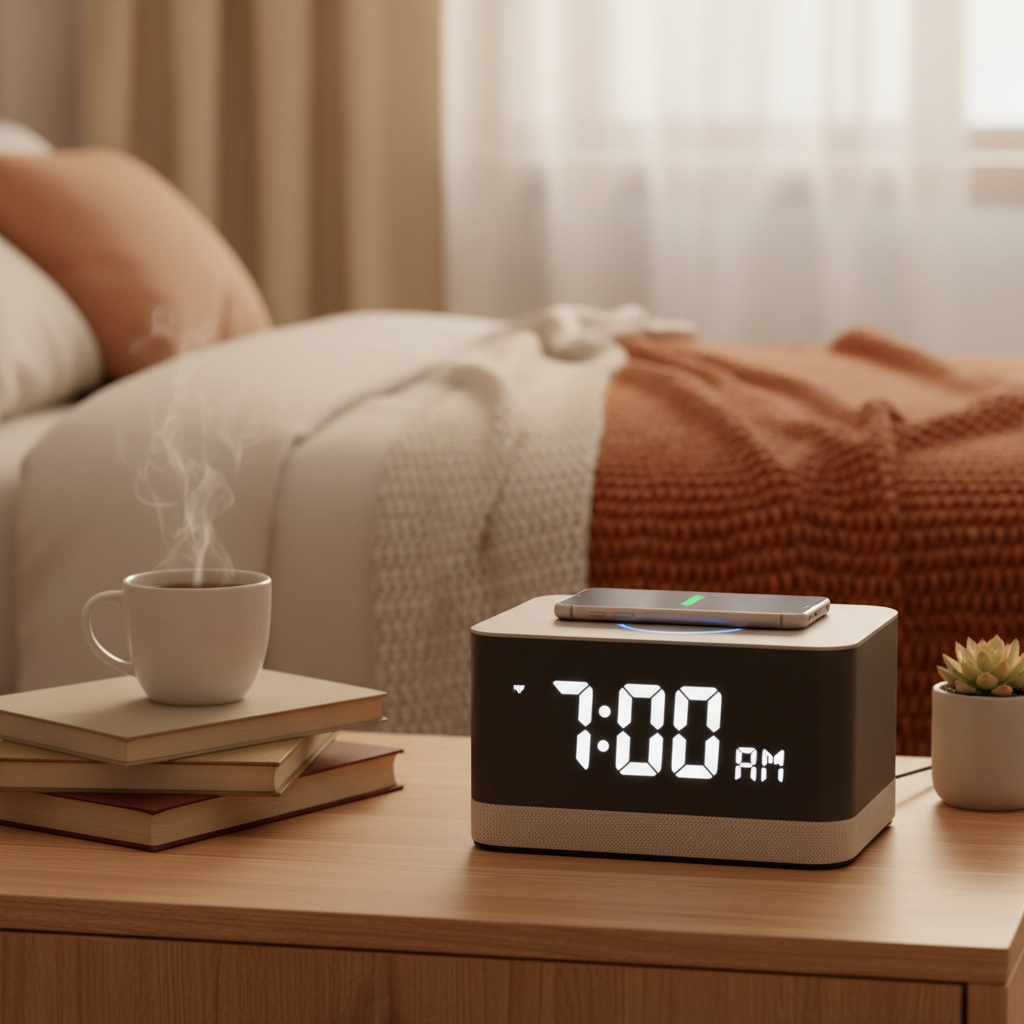 Alarm clock on bedside table lifestyle