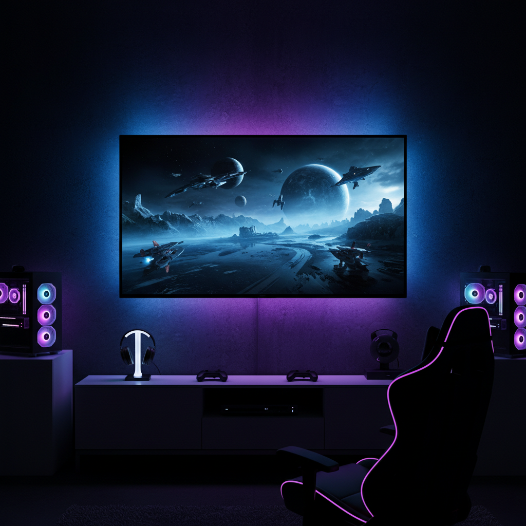 Smart RGB LED Strip Lights behind TV gaming room lifestyle