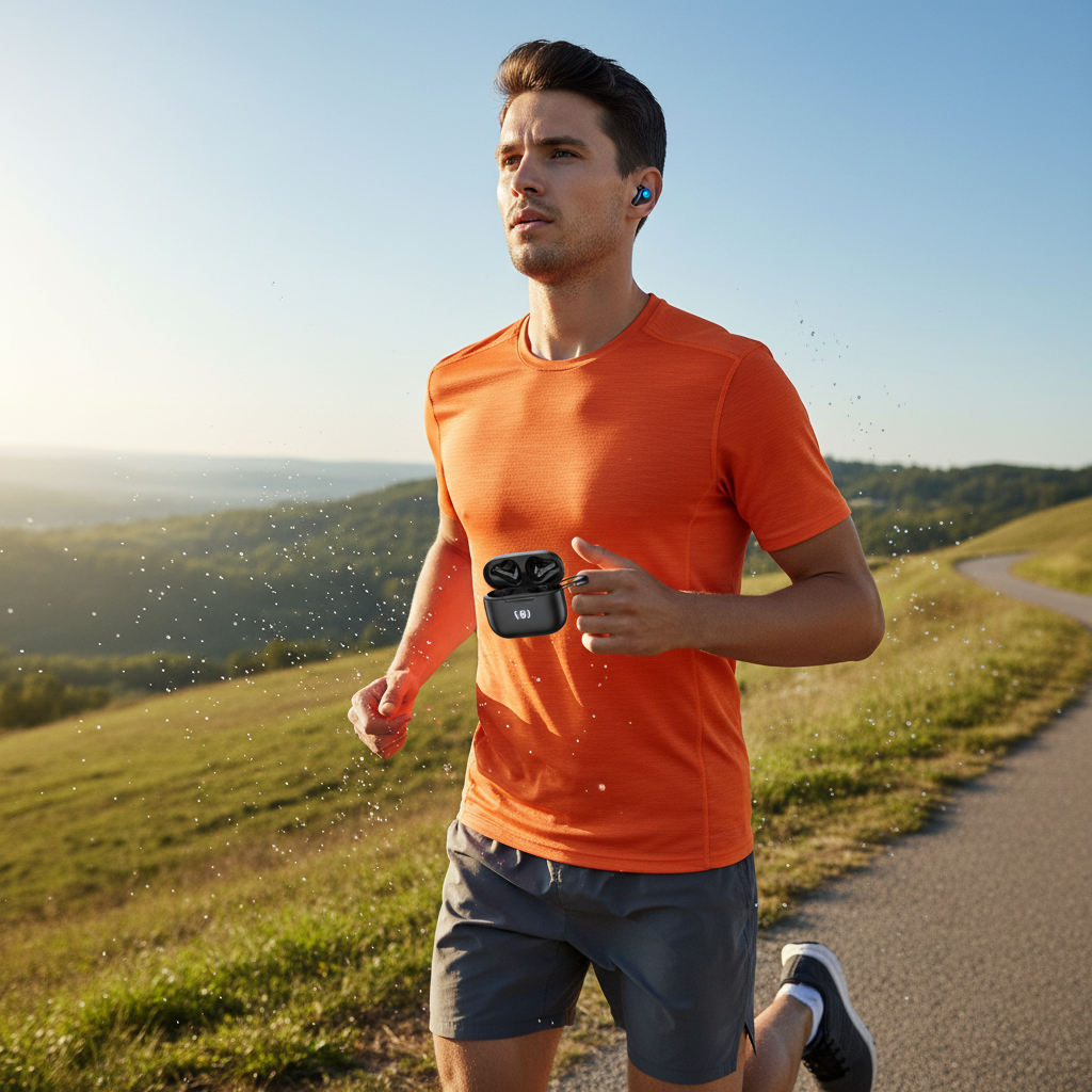 Bluetooth earbuds lifestyle jogging outdoors