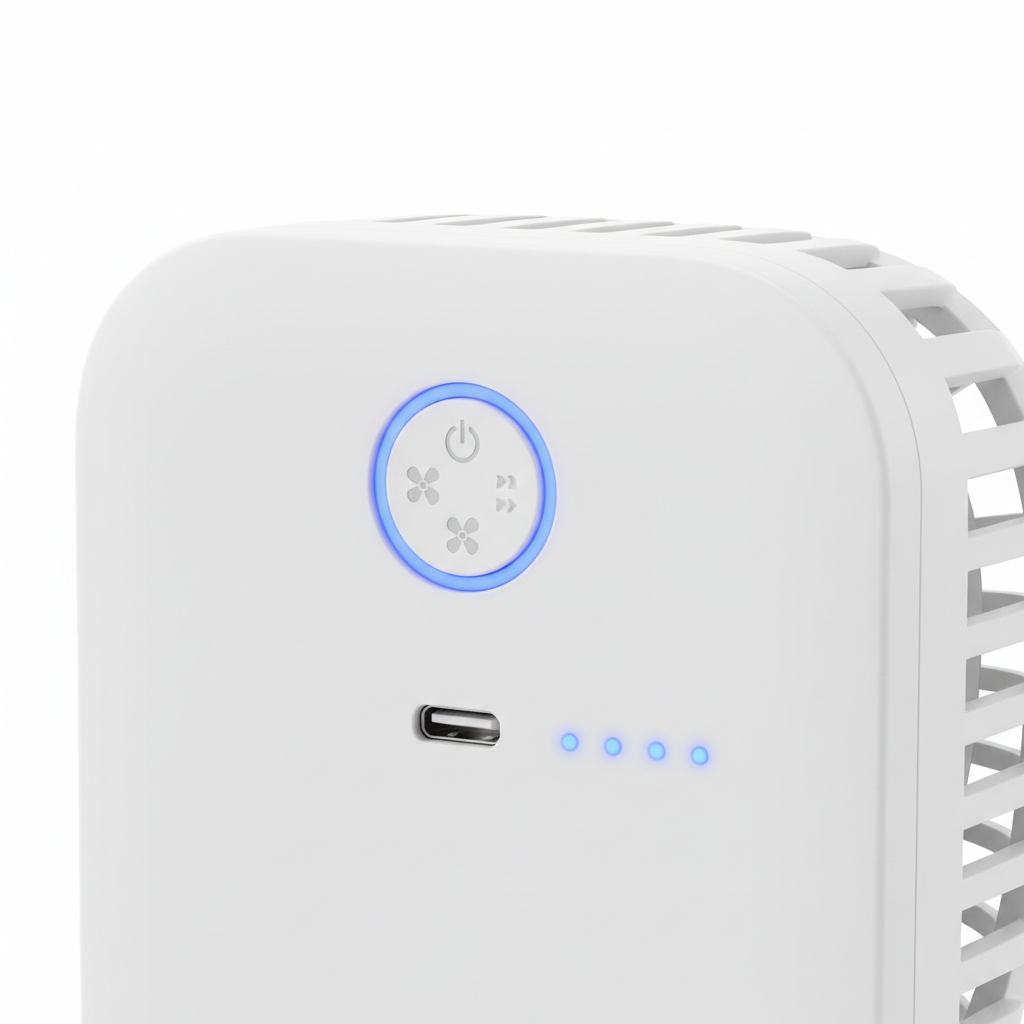 Mini USB fan speed settings and charging port detail
