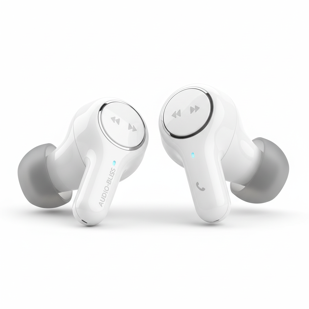 Bluetooth earbuds touch controls and ear tips detail