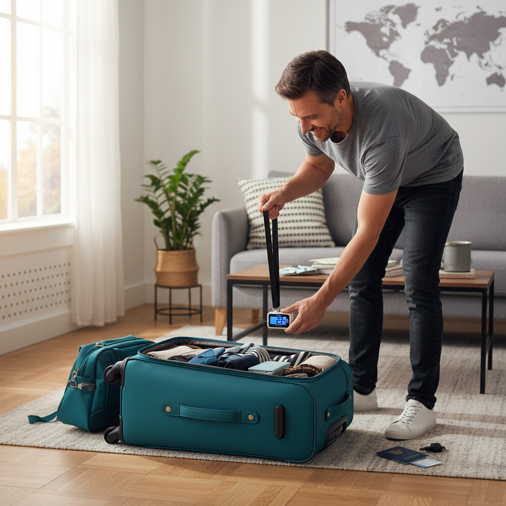 Person weighing suitcase with digital luggage scale lifestyle