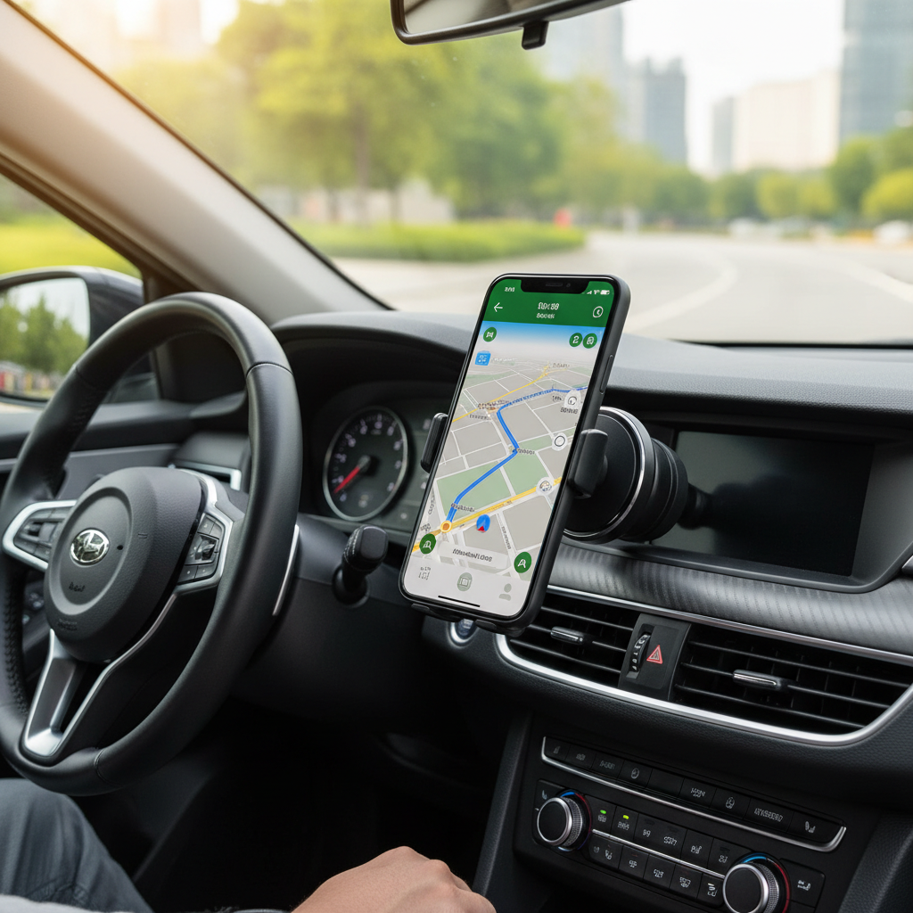 Magnetic phone mount on car dashboard lifestyle