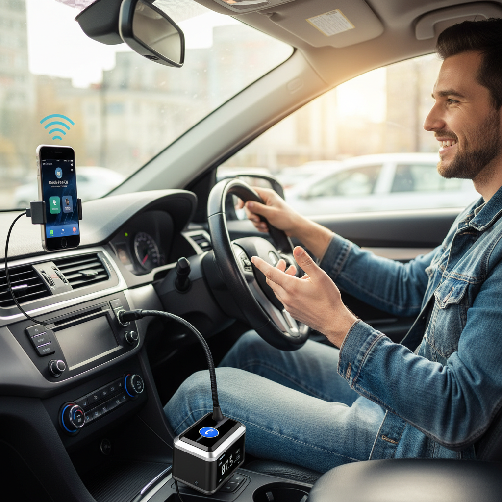 Car FM transmitter in car dashboard lifestyle