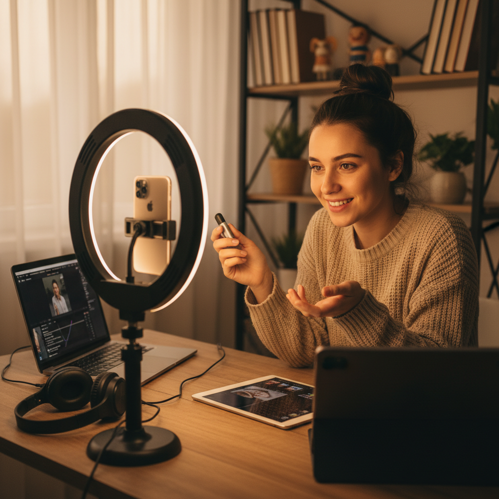 Content creator using ring light lifestyle